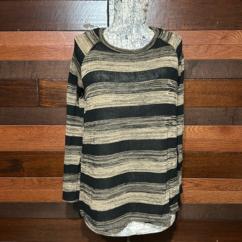 AB Studio Scoop Neck Long Sleeve Black and Brown Striped Sheer Back Blouse